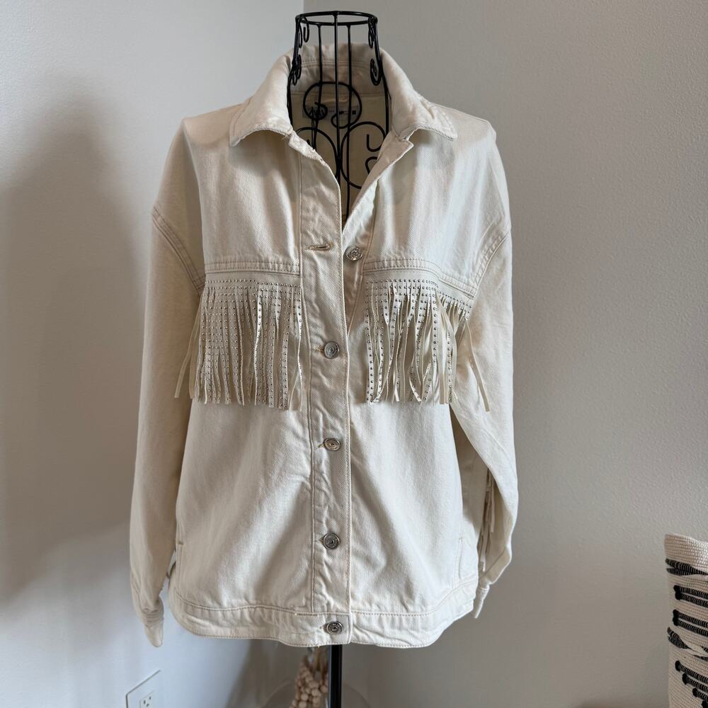 ZARA Cream White Western Fringe Studded Denim Jacket NWT Size Small - Picture 2 of 14